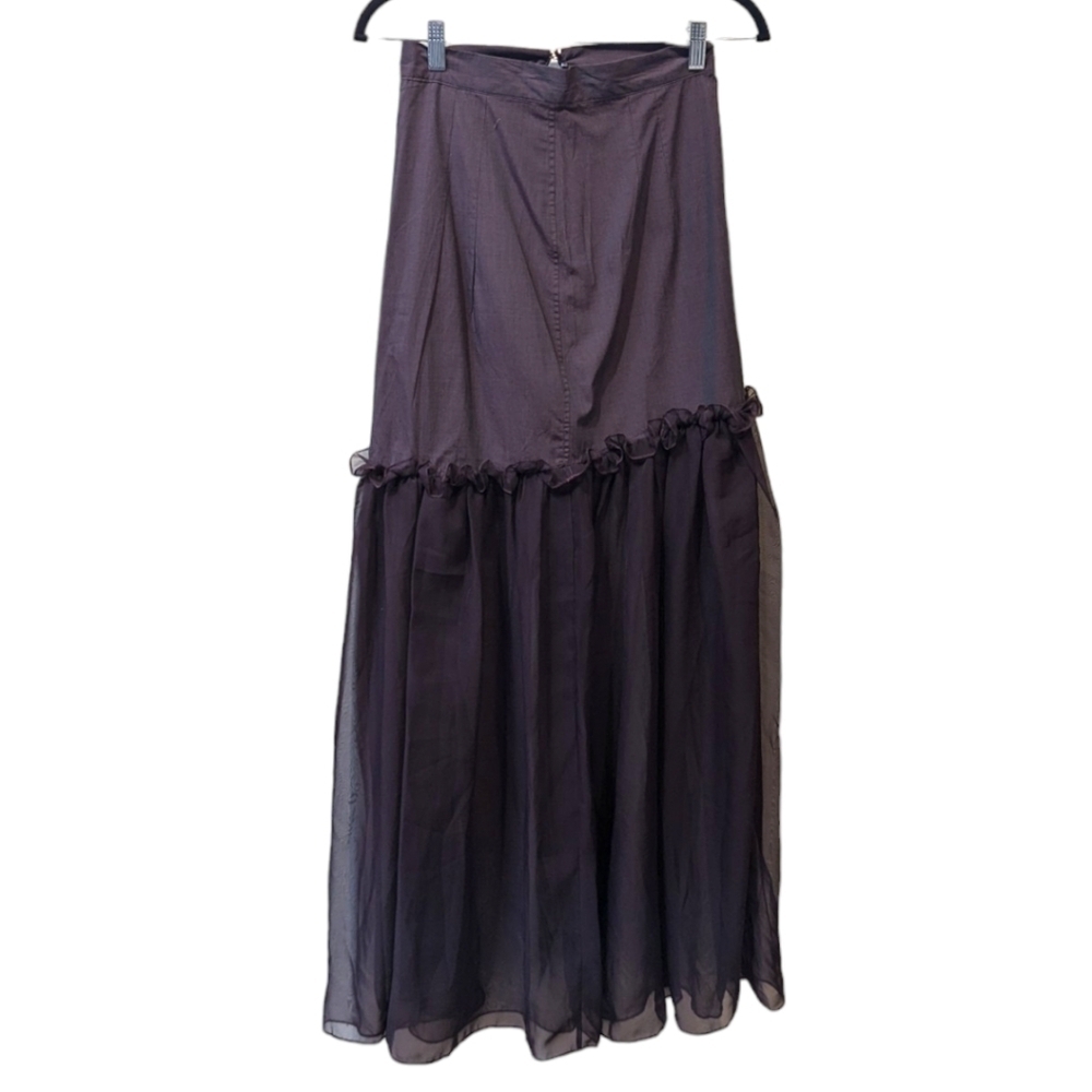 Shelby Steiner Mixed Media Eggplant Flat Front Sheer Tiered Skirt (S)